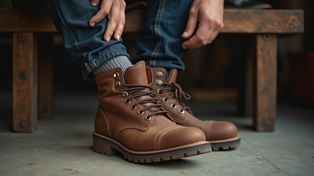 Pulling a thick cushion work sock over the foot before putting on a steel-toe boot