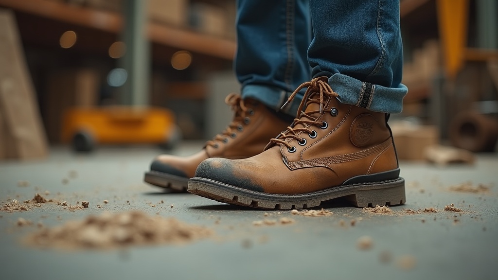 Worker standing all day in thick cushion work socks inside steel-toe boots on a concrete warehouse floor