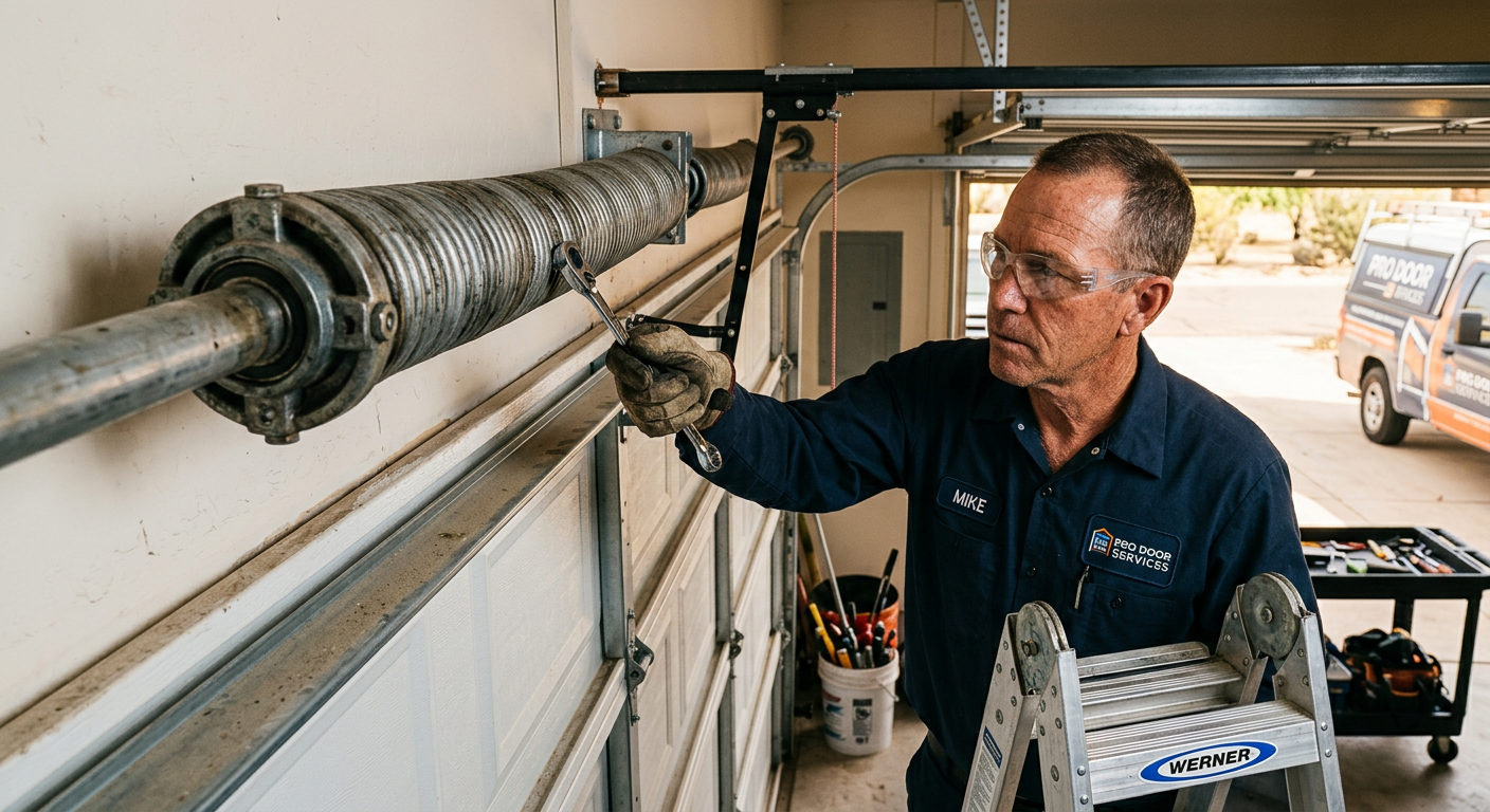 Photorealistic close-up of a garage door torsion spring above a sectional door, with a technician wearing safety glasses i...
