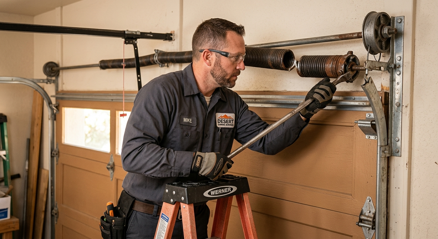 Photorealistic close-up of a trained garage door technician in clean work clothes inspecting a broken torsion spring above...