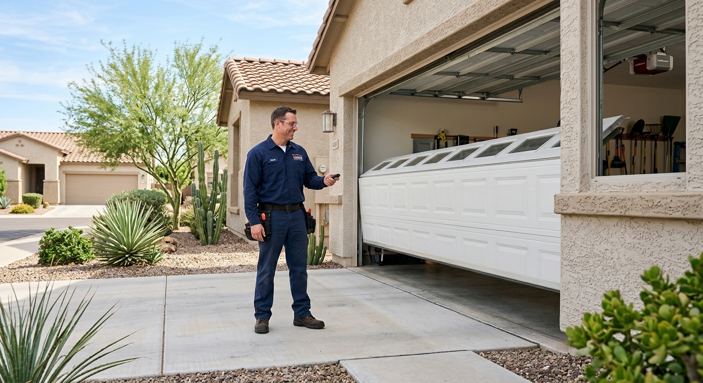 Photorealistic scene of a garage door technician performing a final safety test on a smoothly operating sectional garage d...