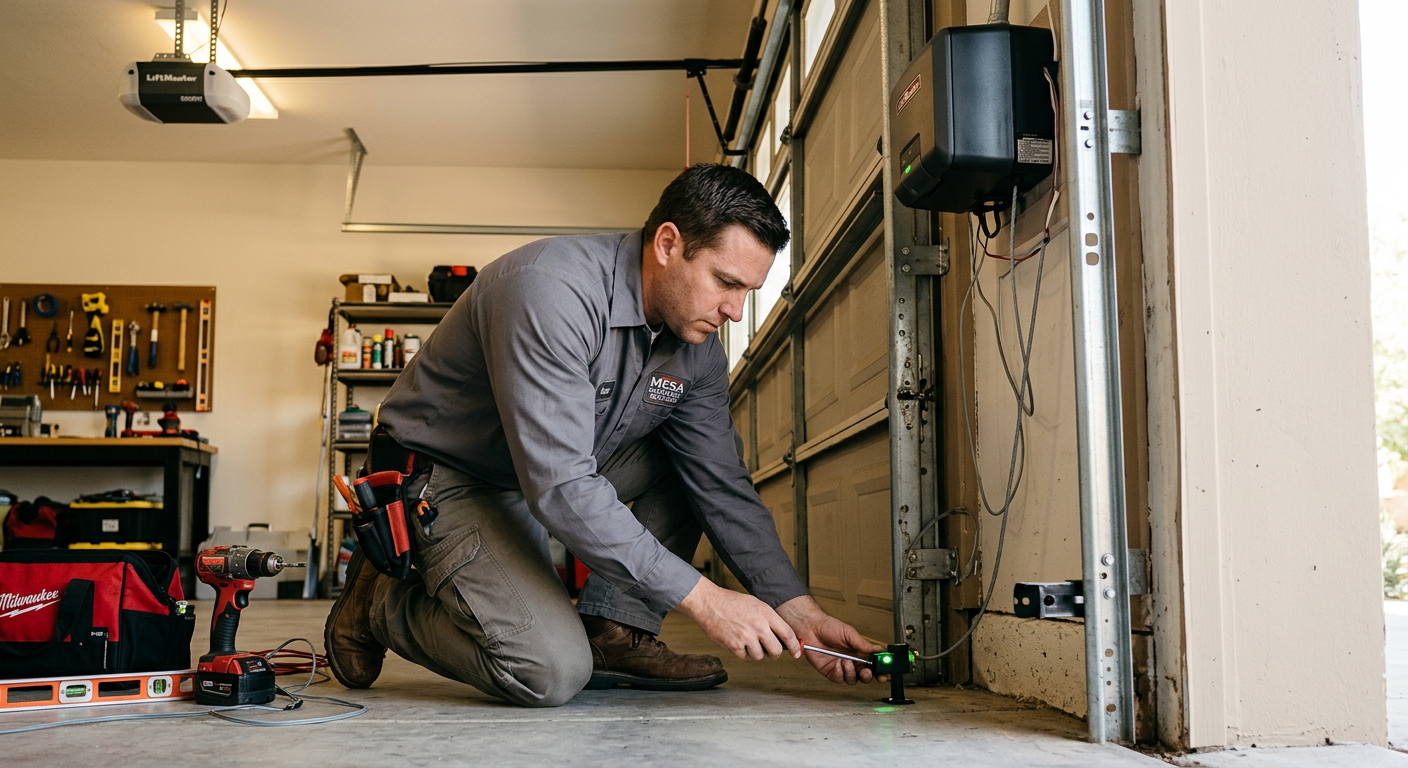 Photorealistic close-up inside a residential Mesa garage showing a technician carefully aligning safety sensors near the f...