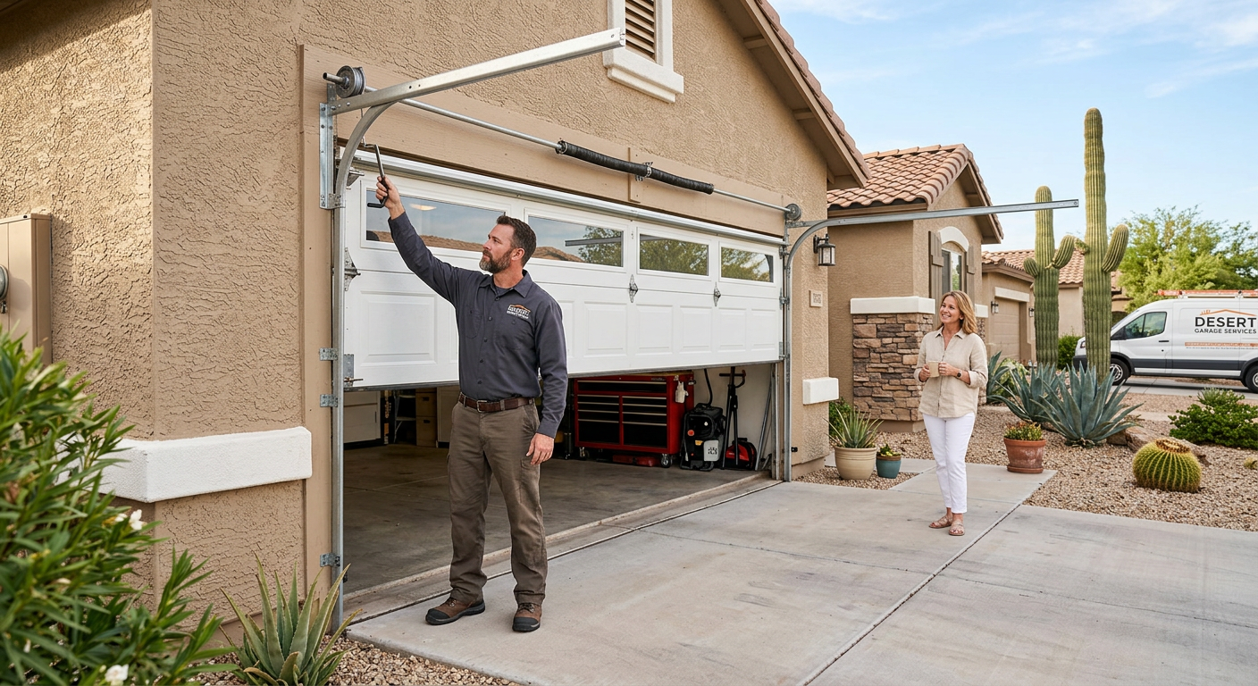Broken Garage Door Spring Repair Cost Gilbert: Pricing Guide 2026 2 Photorealistic service scene at an Arizona suburban home, with a garage door technician performing a final balance test on...