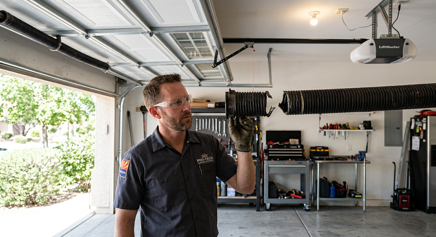 Broken Garage Door Spring Repair Cost Gilbert: Pricing Guide 2026 1 Photorealistic close-up inside a clean residential garage in Gilbert, Arizona, showing a broken torsion spring with a visi...