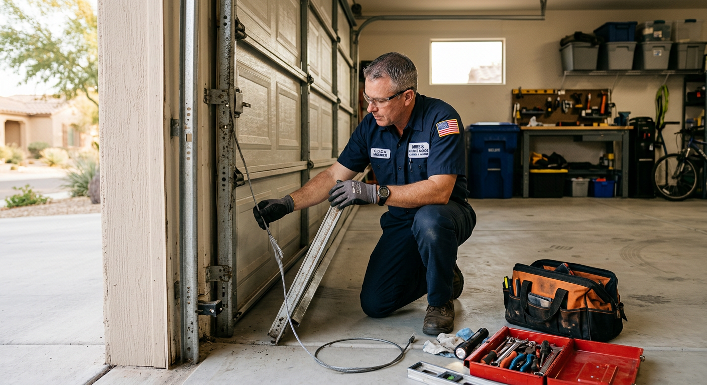 Photorealistic close-up of a licensed garage door technician safely inspecting a residential garage door with a loose cabl...