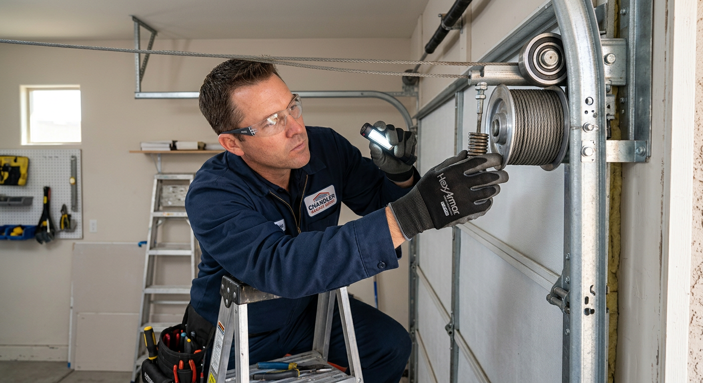 Photorealistic close-up of a garage door technician safely inspecting rollers, cable drums, and vertical tracks inside a C...