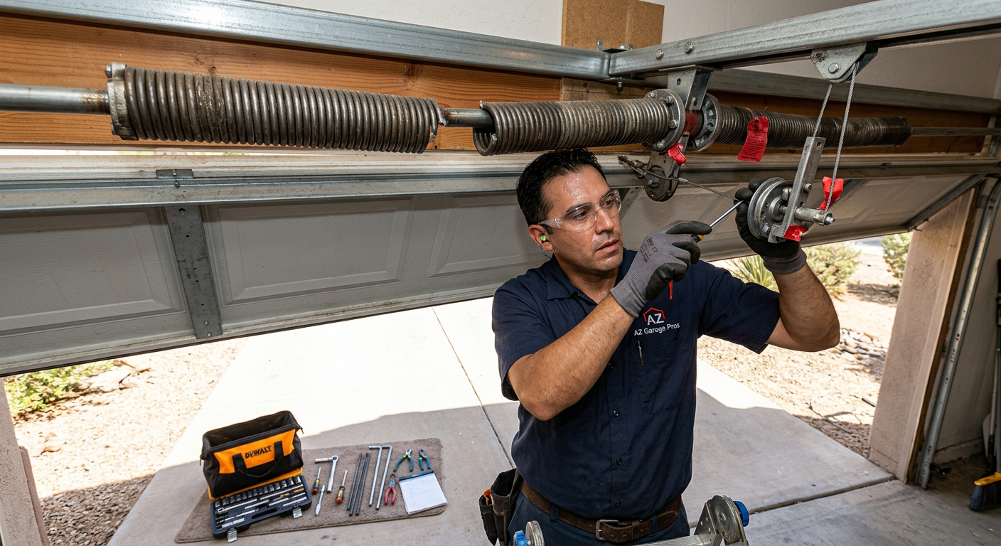 Broken Garage Door Spring Repair Chandler AZ: Fast, Safe Help 1 Photorealistic close-up of a residential torsion spring above a garage door with a clear break in the coil, a technician w...