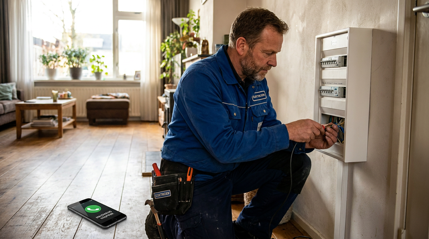 Elektricien monteert een meterkast terwijl zijn telefoon op de vloer overgaat met een gemiste oproep