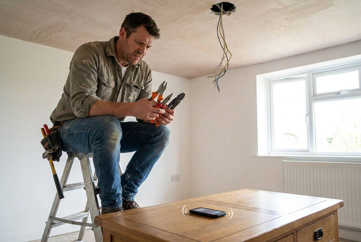 Elektricien op een ladder werkt aan bedrading terwijl zijn telefoon onbereikbaar op tafel overgaat