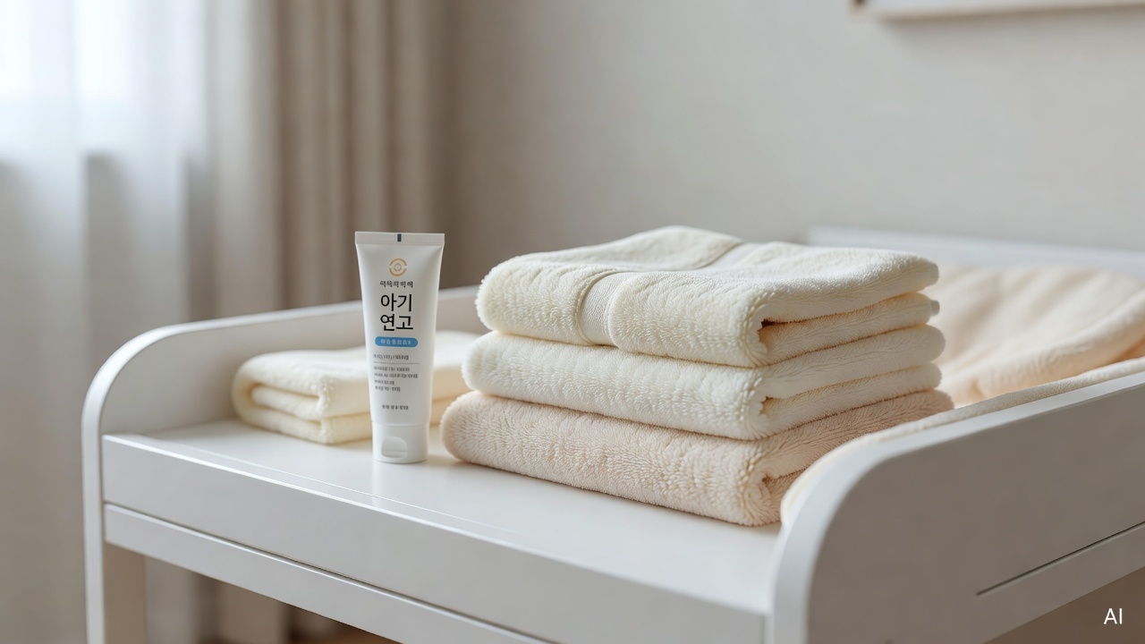 baby diaper cream and soft cotton towels arranged on a white changing table