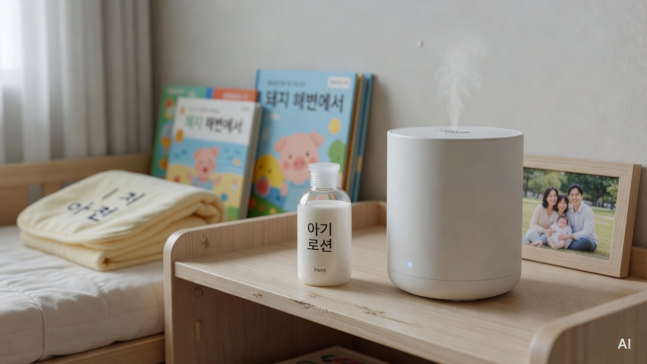 small bottle of baby lotion and a white ceramic humidifier on a nursery shelf