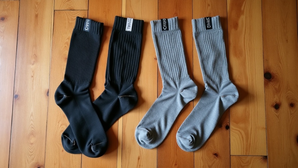 Two pairs of compression socks compared side by side