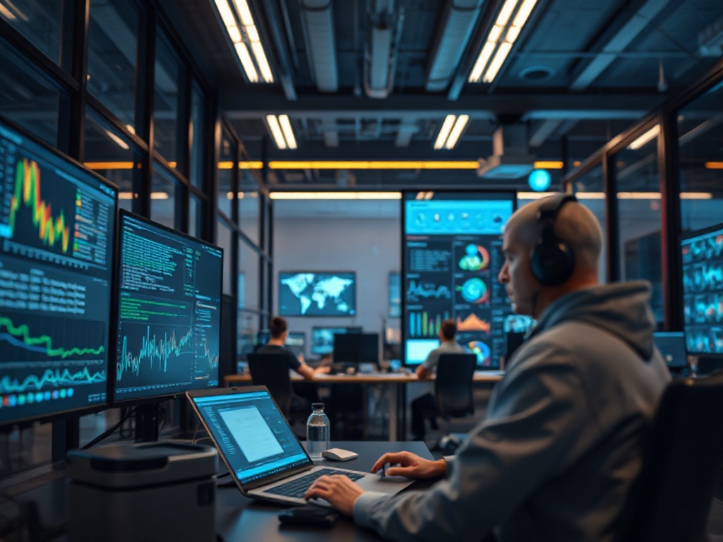 Illustration of AI-powered real-time threat detection system for cybersecurity professionals