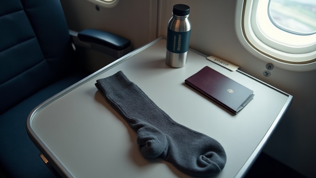 Compression flight socks on airplane tray table