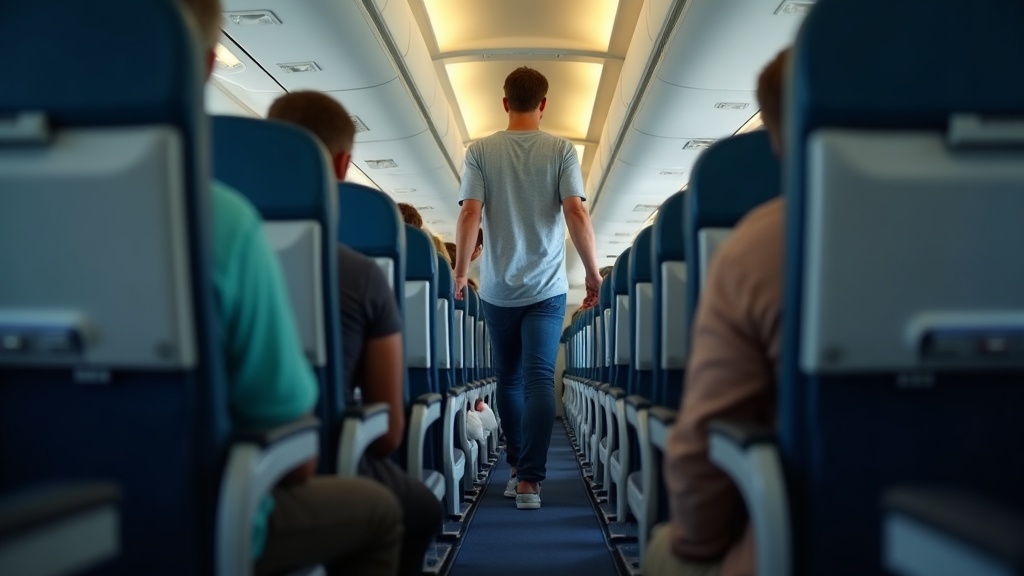 Passenger stretching legs in airplane aisle