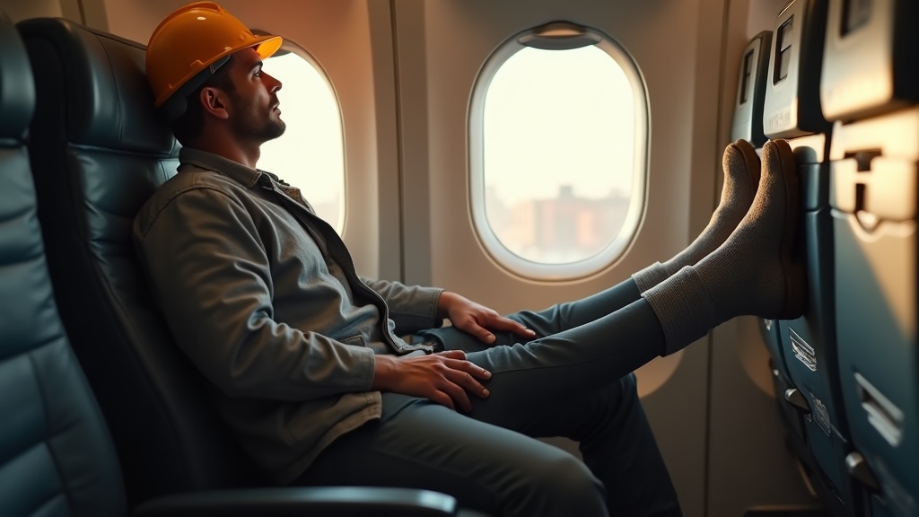 Worker wearing compression socks on a long flight