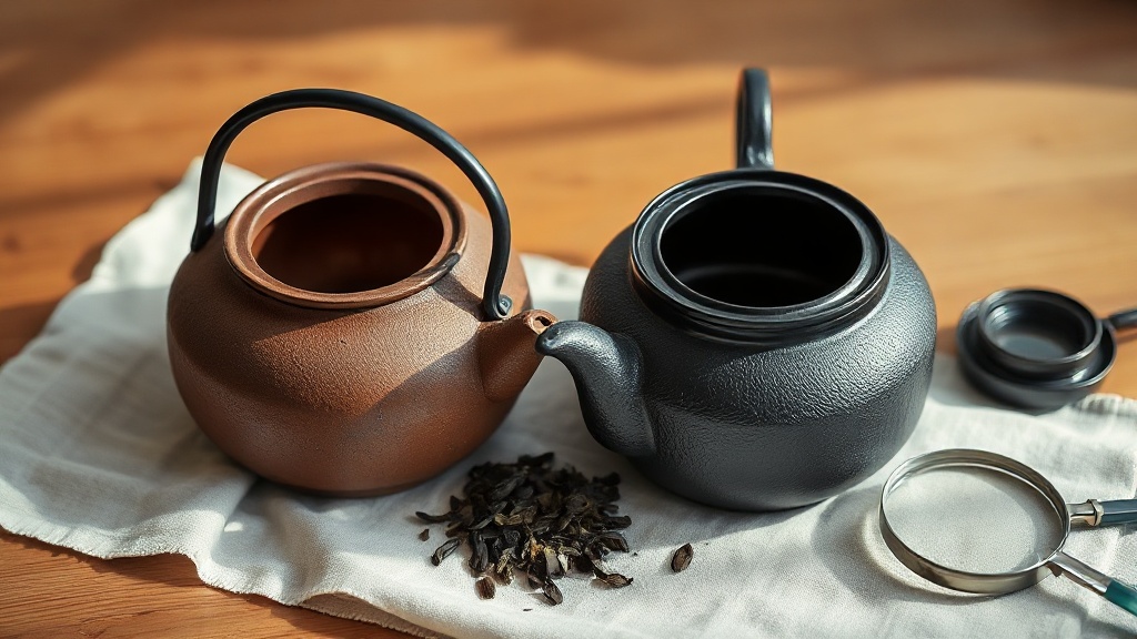 Comparaison tetsubin fonte brute et tetsu kyusu fonte émaillée côte à côte