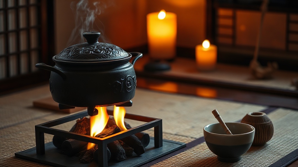 Kama en fonte japonaise sur un brazier lors d'une cérémonie du thé traditionnelle