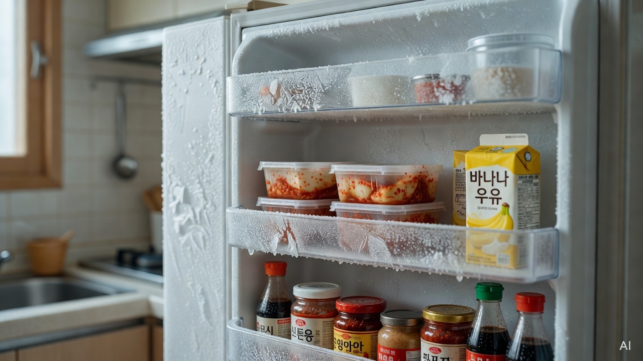 close-up of refrigerator interior with frost buildup on back panel, kitchen background