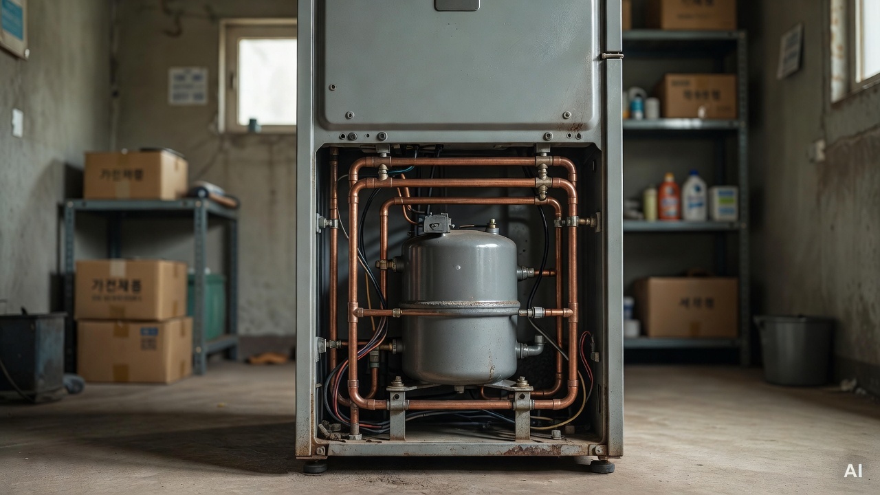 refrigerator compressor and pipes at the back of the appliance, garage or utility room background
