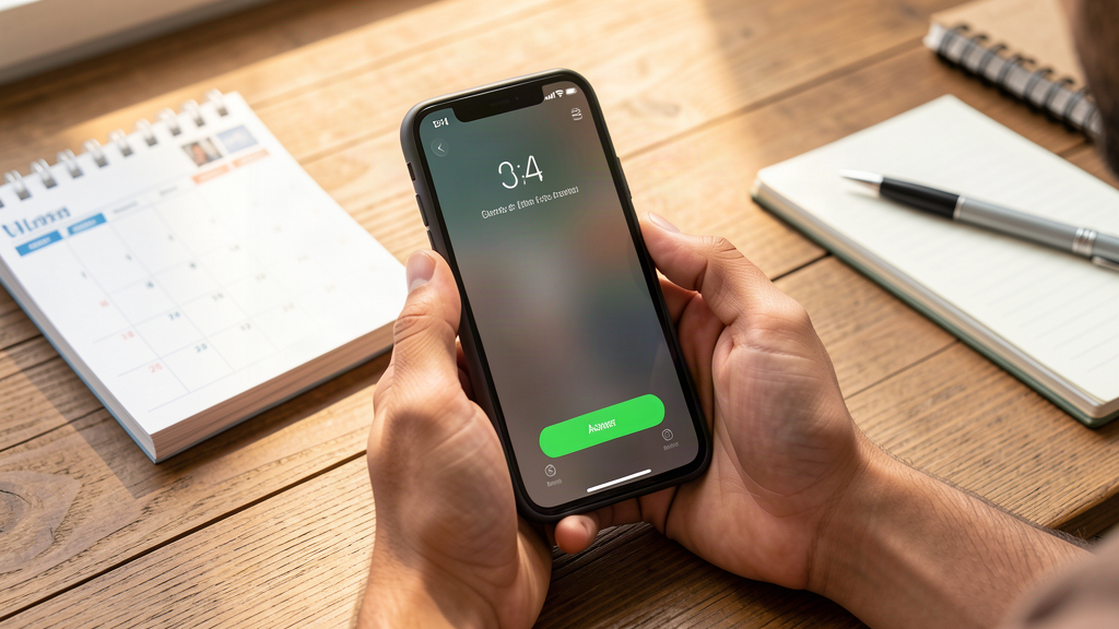 A small business owner holding a smartphone at the edge of a desk, glancing at a ringing call on the screen with a calendar and notepad nearby