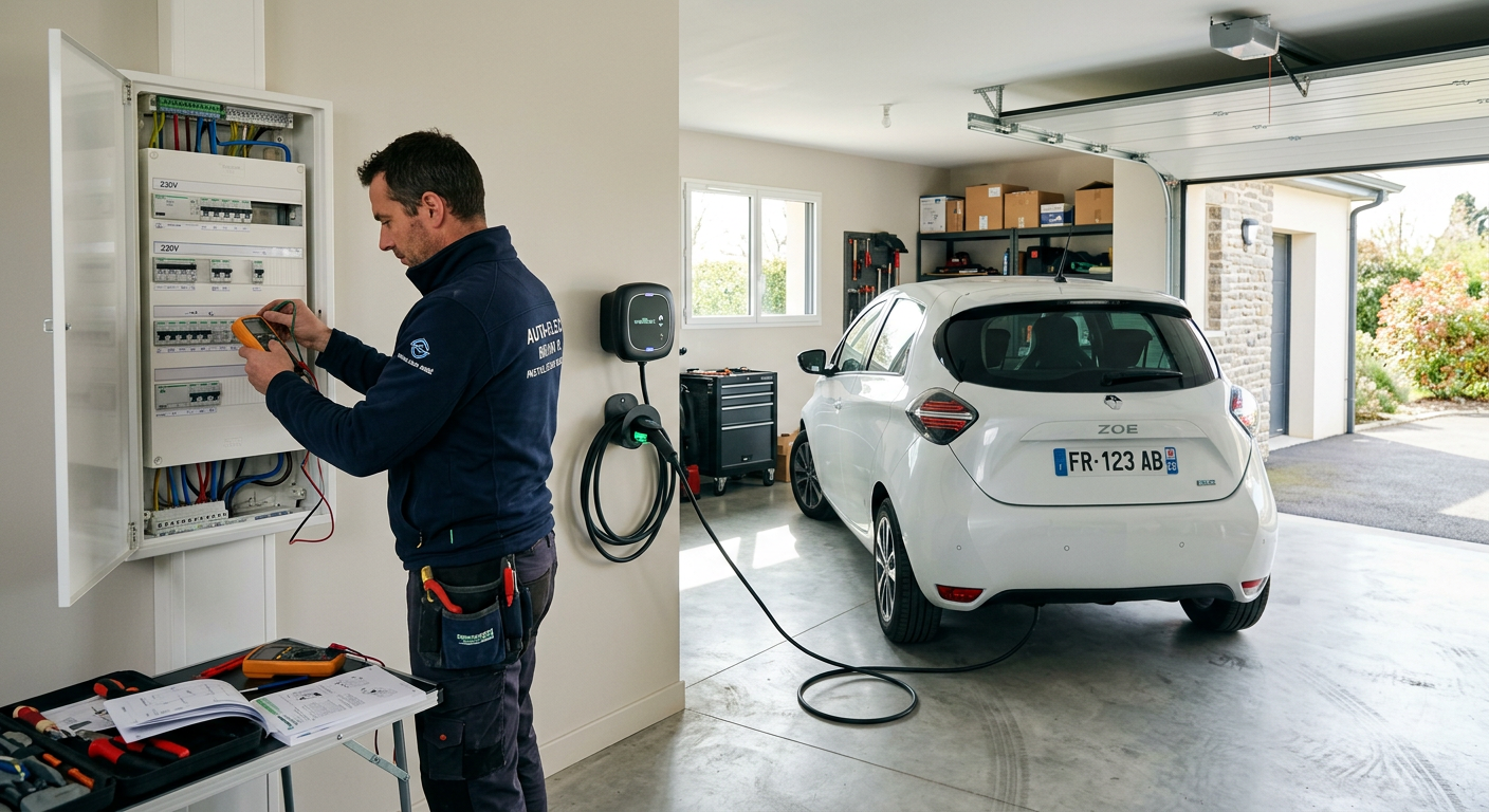 Installation d'une borne de recharge électrique dans un garage individuel avec un installateur vérifiant le tableau électrique