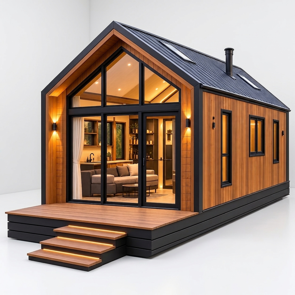 modern tiny house with deck and stairs — free 3D model