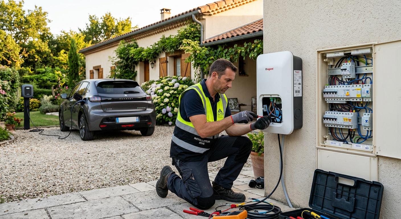 Installateur posant une borne de recharge électrique murale dans une allée privée avec véhicule électrique en charge