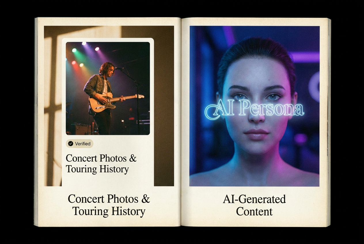 A split-screen showing two Spotify artist profiles side by side — one with a verified human badge showing a real person with concert photos and touring history, the other showing an AI-generated photorealistic face with an AI Persona badge overlay, cool blue and purple lighting