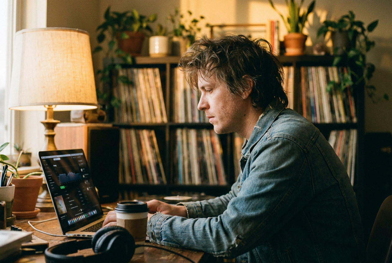 A musician sitting at a desk with a laptop showing their Spotify for Artists dashboard, with verification badges and analytics visible on screen, warm golden light from a desk lamp, plants and vinyl records on shelves in the background