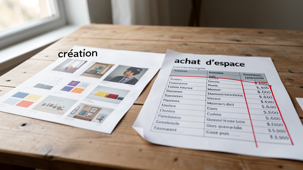 Atelier créatif d'une agence, entre maquettes publicitaires et plan d'achat d'espace média