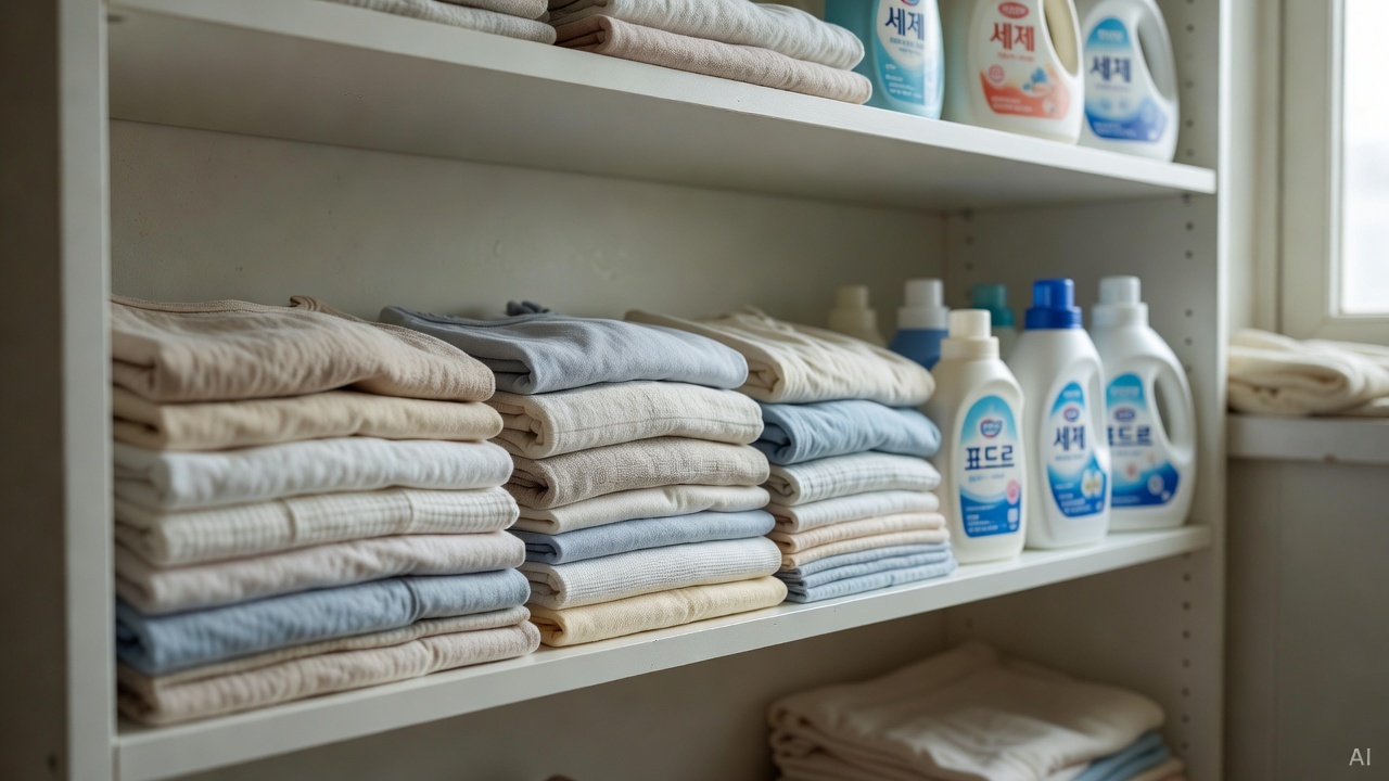 various clothing fabrics folded neatly on a white laundry shelf with detergent bottles