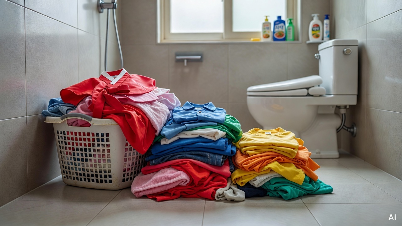 laundry basket with colorful clothes sorted by color on a bathroom floor
