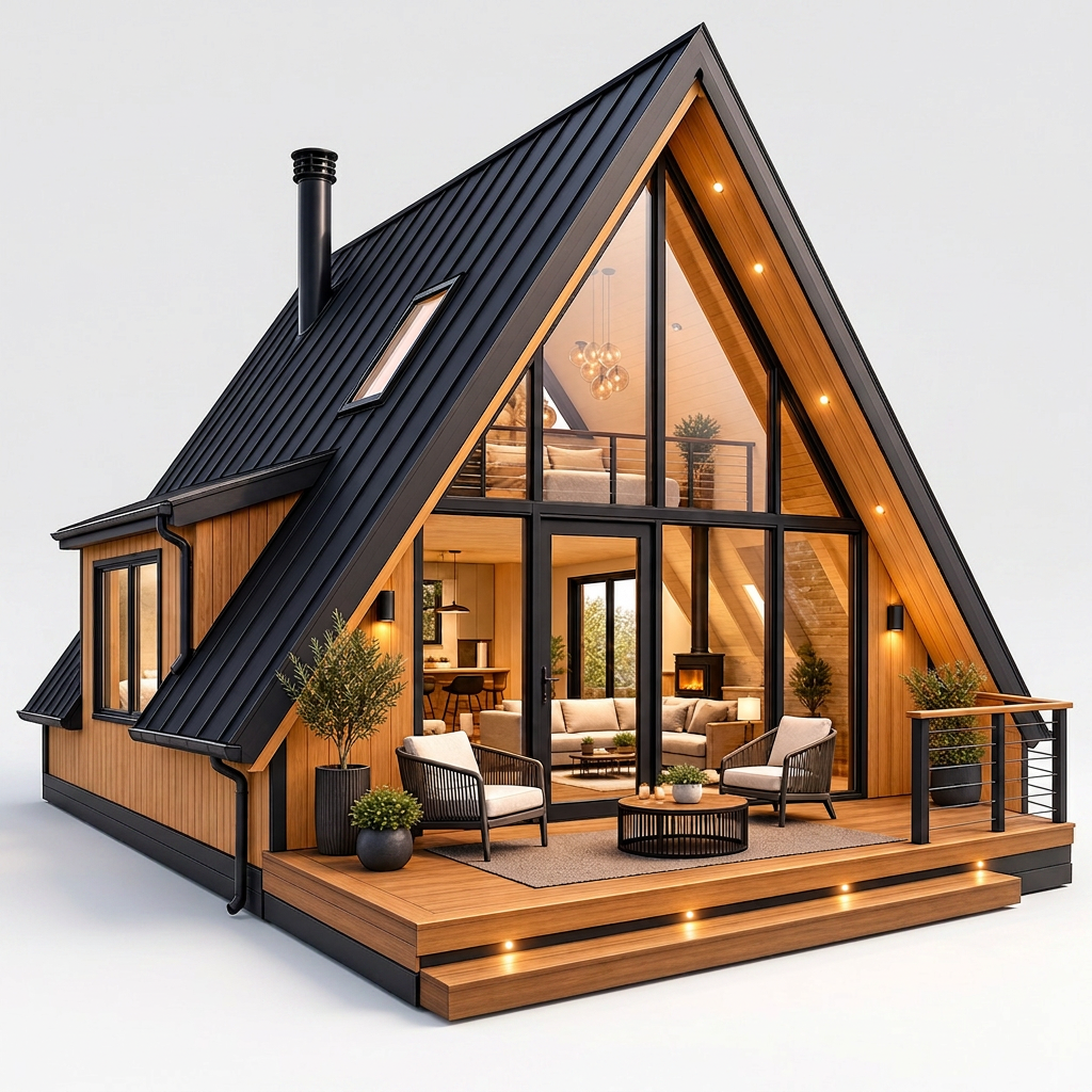 modern A-frame house with deck — free 3D model