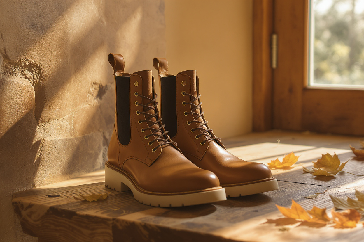 Handmade tan leather barefoot chelsea boots with a wide toe box, resting on a wooden bench in warm natural light