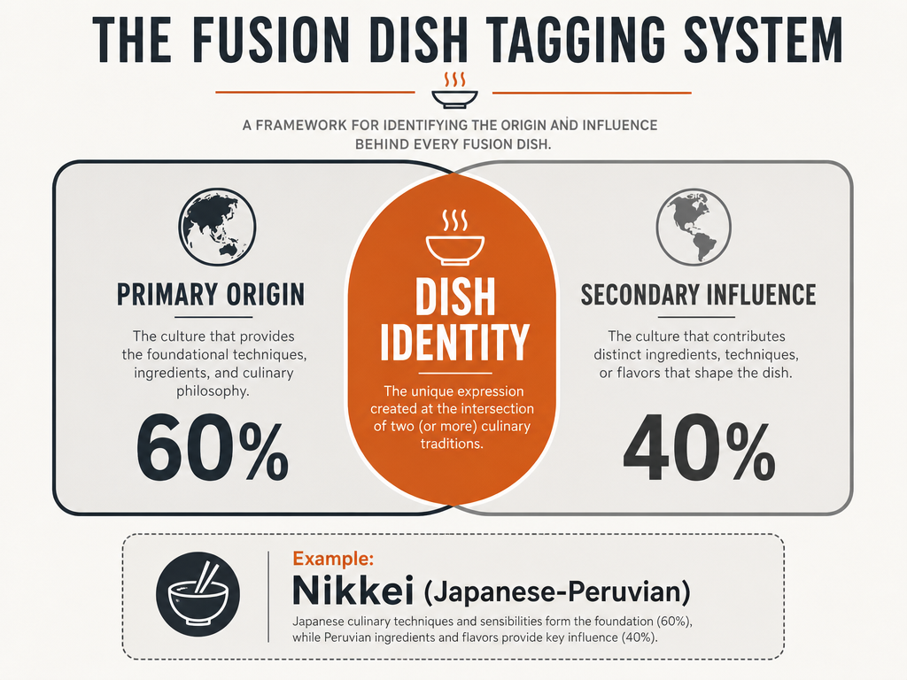 A logical framework diagram showing how to categorize fusion dishes using a primary origin and secondary influence tagging system with percentage splits.