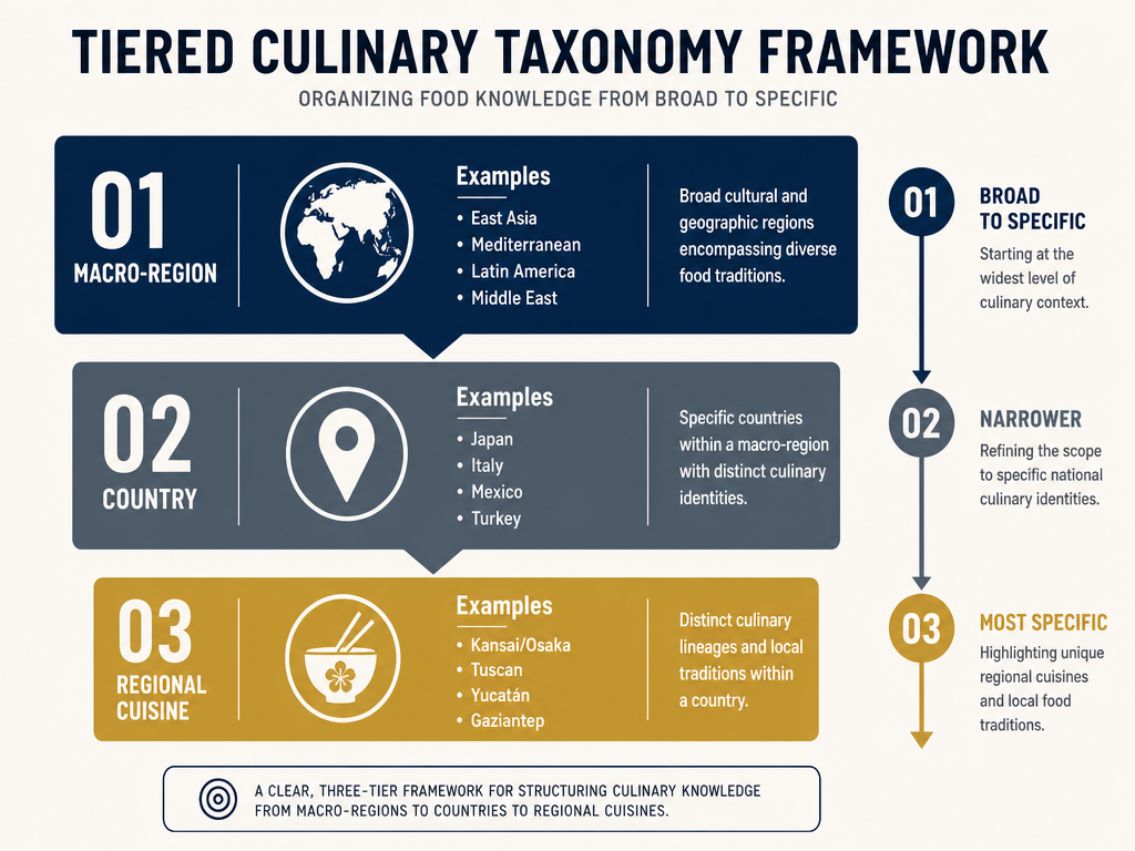A tiered taxonomy diagram showing how to organize food by Macro-Region, Country, and Regional Cuisine with a professional navy and gold color scheme.