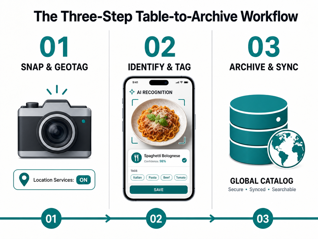 A three-step workflow infographic detailing the process of snapping a photo, identifying the dish with AI, and archiving it into a digital food catalog.