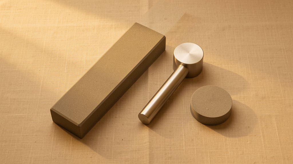 Abstract flat lay of sharpening stone and honing tools on warm linen