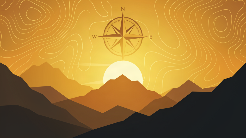 Abstract amber mountain layers with sunrise and compass motif