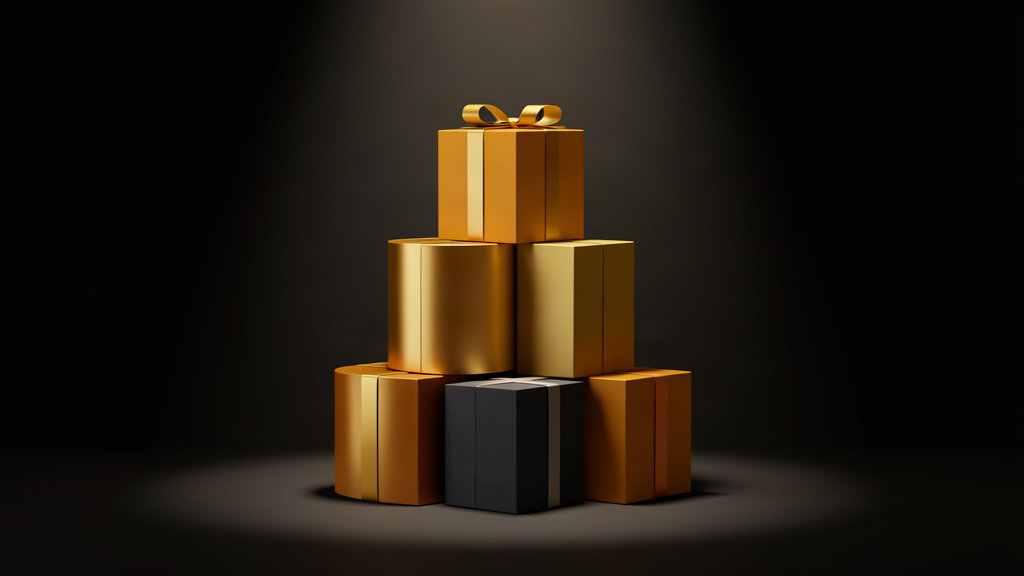 Abstract amber gift boxes in geometric form on a dark background