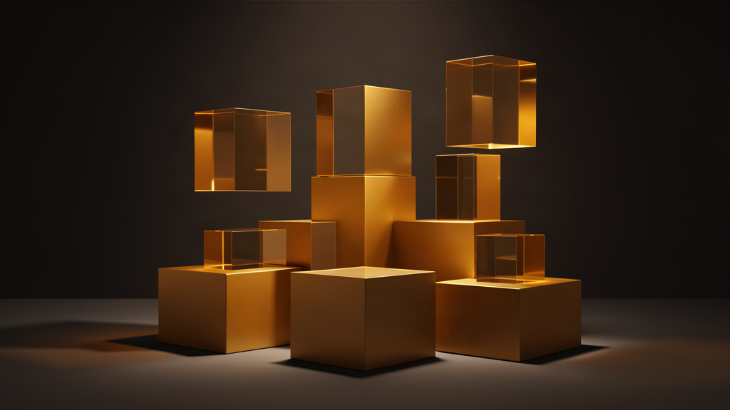 Abstract amber geometric display pedestals suggesting a curated collection