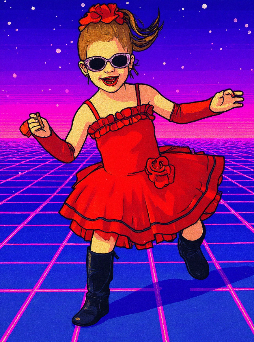 The same photo rendered in the 80s Synthwave style