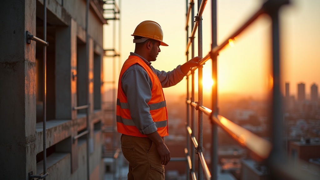 Trabajador de construcción con ropa laboral completa en obra