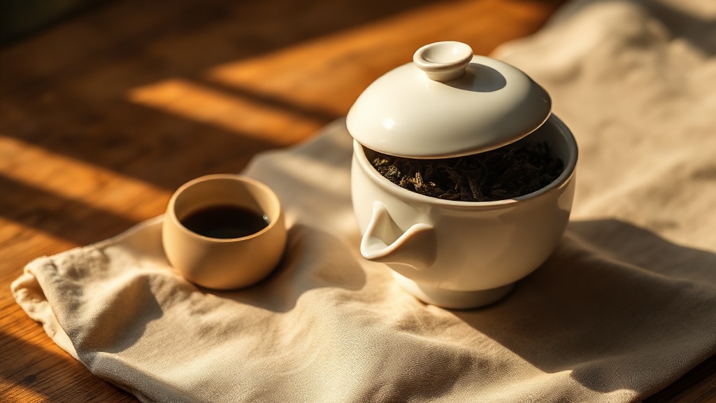 Gaiwan en porcelaine blanche avec couvercle et soucoupe, feuilles d'oolong à l'intérieur