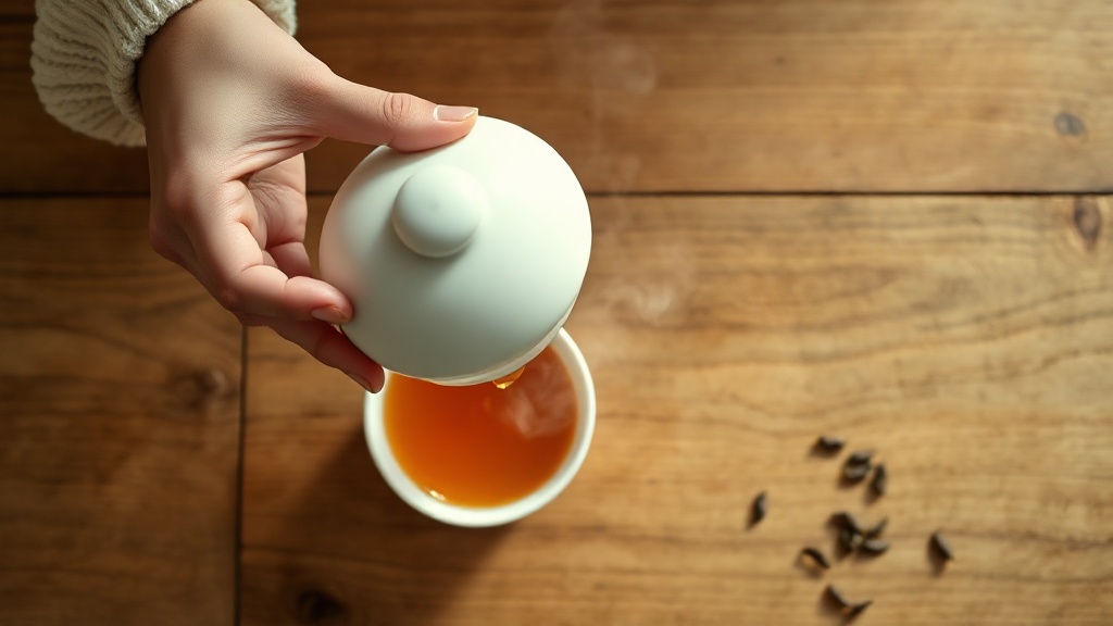 Mains tenant un gaiwan et versant le thé dans une petite tasse en porcelaine