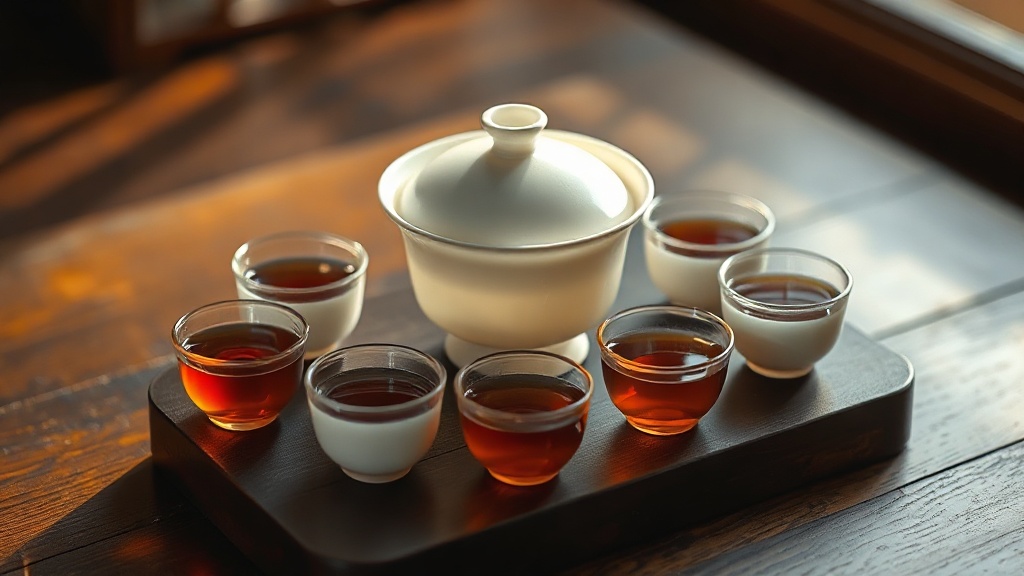 Gaiwan et cinq petites tasses montrant l'évolution de la couleur du thé à travers plusieurs infusions