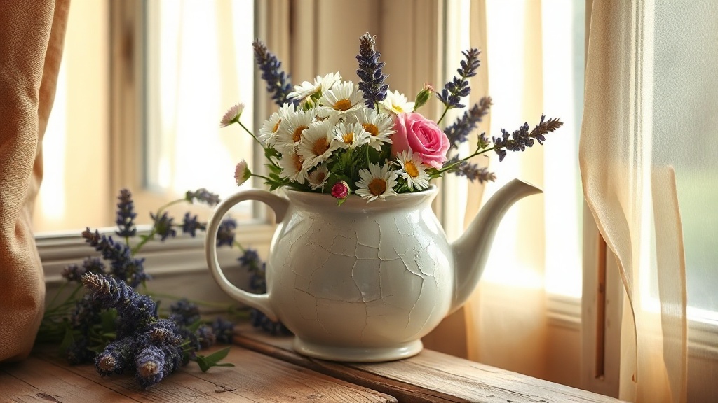 Vieille théière en céramique recyclée en vase avec des fleurs sauvages sur un rebord de fenêtre