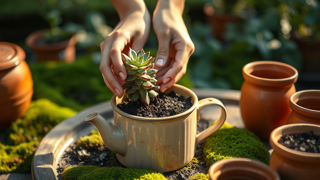 Mains plantant une succulente dans une vieille théière émaillée recyclée en pot de fleurs