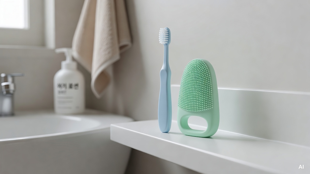 baby toothbrush and silicone finger brush placed on a white bathroom shelf